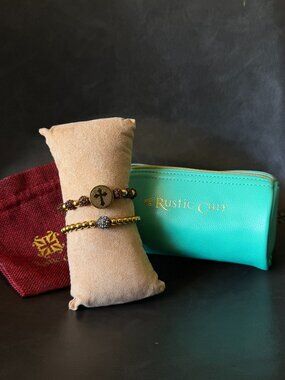 Rustic Cuff Set of 2 Beaded Bracelets Bedazzled and Cross Motif Gold Tone
